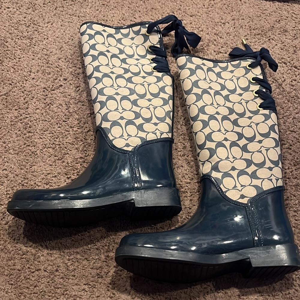 Coach Tall Rain Boot blue and tan
